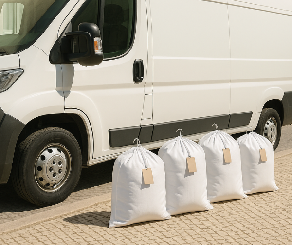Carrinha de entregas branca com sacos de lavandaria — recolha e entrega ao domicílio