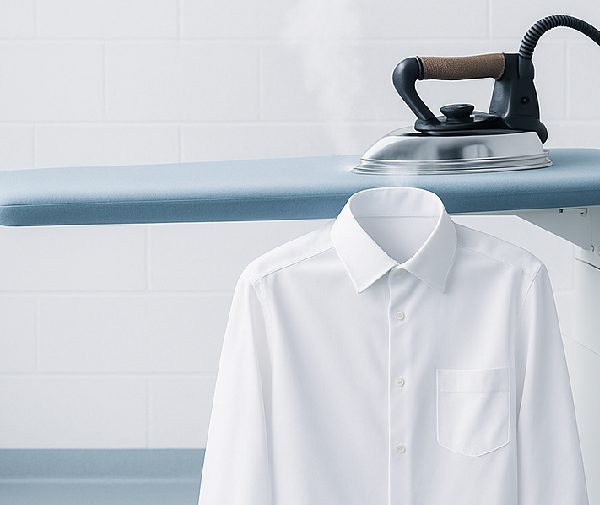 Ferro a vapor a alisar camisa branca — engomadoria profissional
