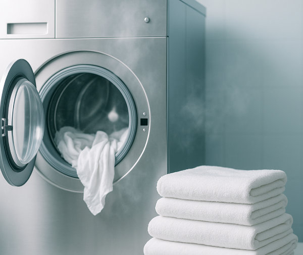 Máquina de lavar inox com toalhas brancas — ambiente limpo e profissional